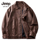 JEEP SPIRIT Jeep high-definition saddle vegetable tanned oil leather motorcycle lapel leather jacket for men 2025 autumn loose leather jacket for men, coffee color, handsome loose version