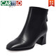 CARTELO Genuine Leather Martin Boots High Heel Short Boots Women's Square Toe Soft Sole Temperament French Slim Boots Thickened Wool Cotton Boots Autumn and Winter Black Wool-5cm 34