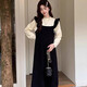 Maternity dress spring and autumn French Hepburn style large size loose fake two-piece knitted skirt autumn and winter high-end black fake two-piece set L