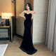 Nightclub style tube top floor-length long dress with chest wrap and catwalk evening dress fishtail black velvet noble lady dress black L L