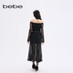 Bebe2025 new autumn and winter women's temperament bell sleeve one-shoulder lace fishtail dress 451004 black S