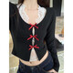 Cotton skin-friendly pure desire black bow U-neck long-sleeved women's autumn slim-fitting short top two-piece set XXC suit (T-shirt + lace vest) high-quality model S 70-90Jin Jin equals 0.5 kg