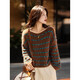 Awakening Paradise Winter Fashion Lazy Style Retro Brushed Temperament Round Neck Striped Sweater Pullover Knitwear Brown One Size