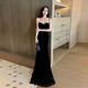 Nightclub style tube top floor-length long dress with chest wrap and catwalk evening dress fishtail black velvet noble lady dress black L L