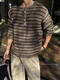 LIIS Lyocell Linen Autumn Relaxed Striped Sweater Men's Loose Casual Henley Collar Long Sleeve Brown S90-120Jin Jin equals 0.5kg One size fits all