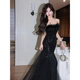 Tubeless evening dress for women, black ostrich feather sequined fishtail gauze skirt, heavy industry host banquet, wedding, art test, birthday, black XS