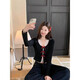 Cotton skin-friendly pure desire black bow U-neck long-sleeved women's autumn slim-fitting short top two-piece set XXC suit (T-shirt + lace vest) high-quality model S 70-90Jin Jin equals 0.5 kg