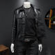 2025 velvet thickened lapel motorcycle leather jacket for men, fashion trend, slim and handsome leather jacket, youth short jacket, black non-velvet XL (size recommendation 115-130Jin Jin equals 0.5 kg)