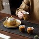 Shuming Huanglongteng Sihai gilt Kung Fu tea set, high-end light luxury home moving gift, gift for elders Huanglongteng Sihai one pot + pot holder + three cups - gift box)