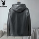 Playboy 2025 Autumn and Winter New Haining Spring and Autumn Leather Jacket Men's Hooded Leather Jacket for Young and Middle-aged Men's Velvet Thickened Jacket Black Velvet M 52