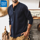 Jeanswest American retro 300g heavyweight long-sleeved T-shirt for men in autumn 2025 new trendy brand loose Henry collar Polo shirt for men, navy blue 300g heavyweight 2XL suitable for 160-180Jin Jin equals 0.5 kg