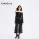 Bebe2025 new autumn and winter women's temperament bell sleeve one-shoulder lace fishtail dress 451004 black S
