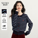 Sllsky 28-count soft skin yarn Korean style striped knitted cardigan autumn and winter casual sweet round neck sweater short coat blue stripes XL