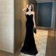Nightclub style tube top floor-length long dress with chest wrap and catwalk evening dress fishtail black velvet noble lady dress black L L