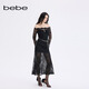 Bebe2025 new autumn and winter women's temperament bell sleeve one-shoulder lace fishtail dress 451004 black S