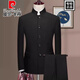 Pierre Cardin high-end no-iron wool men's suit autumn middle-aged and elderly professional wear tunic stand-up collar dress dad outfit 5532-1 Navy blue stand-up collar suit XL 180 recommended 135-150 Jin Jin equals 0.5 kg