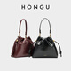 Honggu Bags Women's Bag 2025 New Women's Versatile Bucket Bag First Layer Cowhide Shoulder Underarm Bag Crossbody Handbag Burgundy