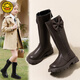 G.duck Little Yellow Duck Girls' Boots Children's High Boots 2025 Long Boots Autumn and Winter New Style Girls' Plush Leather Boots Princess Style Black Single Shoes 27 Inner Length 16.8 cm