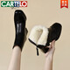CARTELO Genuine Leather Martin Boots High Heel Short Boots Women's Square Toe Soft Sole Temperament French Slim Boots Thickened Wool Cotton Boots Autumn and Winter Black Wool-5cm 34