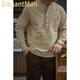 ElegantMan's workwear American retro cotton half-cardigan henley shirt with different color thread pocket shirt loose tough guy style men's winter apricot M