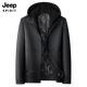 JEEP SPIRIT winter plus velvet thickened white duck down lining leather jacket men's hooded motorcycle jacket casual pu leather warm leather jacket black M 170
