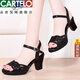 Cartelo Cuir officiel 2025 Nouvelles sandales à talons épais pour les femmes dans les chaussures de poisson d'été Bouche pour femmes Rignestone High Heels Femme Chaussures de mère noire