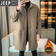 JEEP SPIRIT Spring and Autumn Zipper Design Stand Collar Woolen Windbreaker Men's Mid-Length Thick Casual Woolen Coat Jacket Trendy Coffee and Cotton 2XL