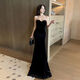 Nightclub style tube top floor-length long dress with chest wrap and catwalk evening dress fishtail black velvet noble lady dress black L L