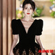 Mei Anjia black V-neck evening dress high-end light luxury niche host catwalk solo performance test clothing elegant lady black 2XL