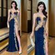 Evening dress 2023 new style female niche light luxury high-end nightclub temperament personalized design skirt host winter navy blue 2XL 2XL recommended 125-135Jin Jin equals 0.5 kg