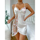 Chengyang fashionable lace embroidery see-through temptation sexy suspender nightgown thong two-piece set white S