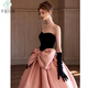 Xiaohongshu’s popular tube top evening dress, high-end light luxury niche French banquet host engagement toast dress princess burgundy tail (comes with gloves + bustle) L