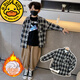 G.duck brand boys' shirt, children's long-sleeved velvet autumn and winter plaid shirt, medium and large children's brushed loose and handsome jacket, black velvet, size 140