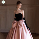Xiaohongshu’s popular tube top evening dress, high-end light luxury niche French banquet host engagement toast dress princess burgundy tail (comes with gloves + bustle) L