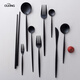 Qiaobo Lai OUDING matte black knife and fork Portuguese INS stainless steel steak knife and fork spoon long handle coffee spoon fruit fork 9-piece set