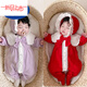 Disney baby spring and autumn long-sleeved one-piece baby girl cute princess harem Internet celebrity fashion full moon 100-day outing romper red J hooded lace collar one-piece 66 52cm