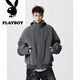 Playboy (PLAYBOY) American deconstructed splicing hooded woolen cotton jacket for men in winter trendy brand loose design thickened warm cotton jacket heather gray M