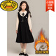 G.duck Girls Dress 2025 New Autumn College Style Korean Style Autumn and Winter Velvet Skirt Set for Big Girls Two-piece Set Black Velvet Dress 120 cm