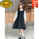 G.duck Girls Dress 2025 New Autumn College Style Korean Style Autumn and Winter Velvet Skirt Set for Big Girls Two-piece Set Black Velvet Dress 120 cm