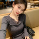 Hengyuanxiang black v-neck lace trim slim-fitting sweater for women 2025 new winter wear inner base top brand dark gray sweater for women 2025/very good-looking tops that do not conflict with style/autumn and winter wear M 95-115Jin Jin is equal to 0.5 kg