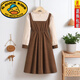 G.duck girls' fake two-piece dress autumn 2025 new medium and large children's sweet corduroy skirt fashionable princess dress khaki 120 fake two-piece suspender skirt