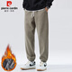 Pierre Cardin casual pants for men in autumn and winter, leg-locking sports pants for men, loose warm long pants for men, light brown plus velvet 2XL