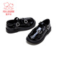 Fuluo Mi Girls' Leather Shoes Spring New Fashion Versatile Girls Soft Sole Comfortable College Style Children's Shoes Shadow Black 34