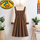 G.duck girls' fake two-piece dress autumn 2025 new medium and large children's sweet corduroy skirt fashionable princess dress khaki 120 fake two-piece suspender skirt