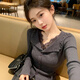 Hengyuanxiang black v-neck lace trim slim-fitting sweater for women 2025 new winter wear inner base top brand dark gray sweater for women 2025/very good-looking tops that do not conflict with style/autumn and winter wear M 95-115Jin Jin is equal to 0.5 kg