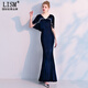 LISM designer international light luxury brand banquet evening dress women's velvet 2026 new style noble and elegant long slim fit navy blue M