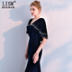 LISM designer international light luxury brand banquet evening dress women's velvet 2026 new style noble and elegant long slim fit navy blue M