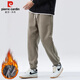 Pierre Cardin casual pants for men in autumn and winter, leg-locking sports pants for men, loose warm long pants for men, light brown plus velvet 2XL