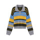 Youxiang frost dyed autumn sweater retro striped color matching polo collar thickened lazy sweater for women 2025 winter new style blue and yellow stripes S