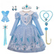 G.duck Elsa Princess Dress Girls Spring and Autumn Frozen Puff Dress Autumn and Winter Children's Elsa Dress Dress Skirt Long Sleeve Blue (with Veil) + Eight-piece Set 120 Suitable for heights around 110cm